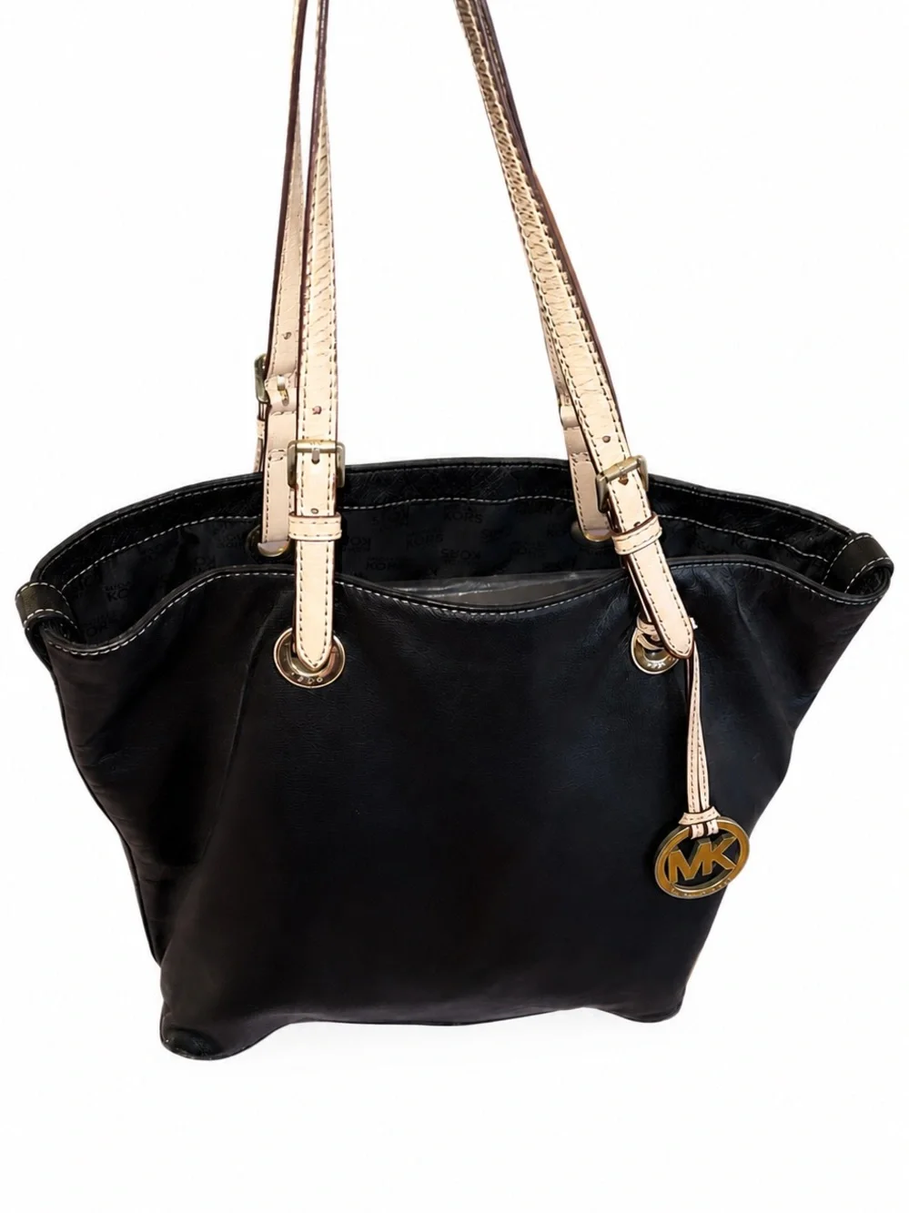 Michael Kors Black Leather Shoulder Bag with Pale Gold Straps